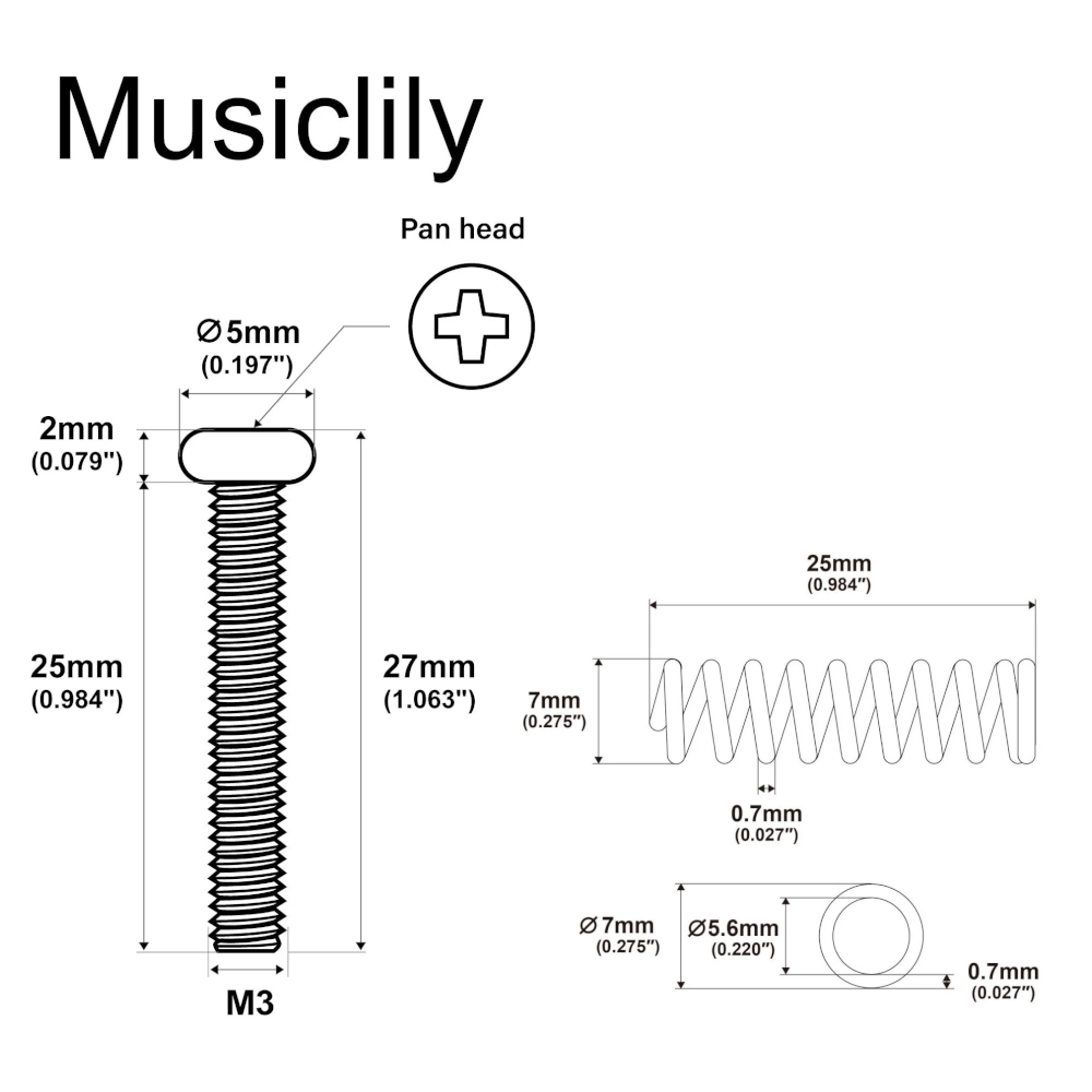 ML M561NK humbucker pickup schroeven & veertjes, M3x25, nickel 6 st. - Afbeelding 6
