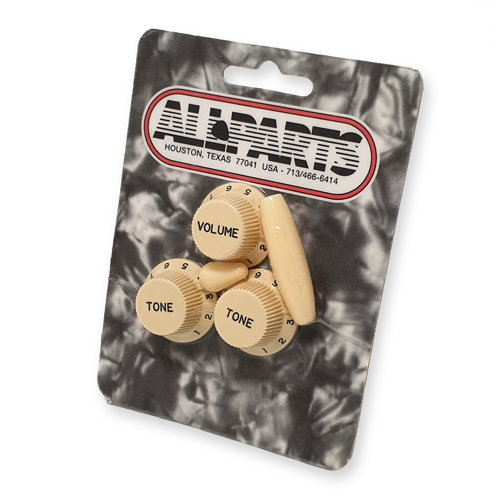 Allparts knoppenset cream met zwarte tekst PK-0178-028
