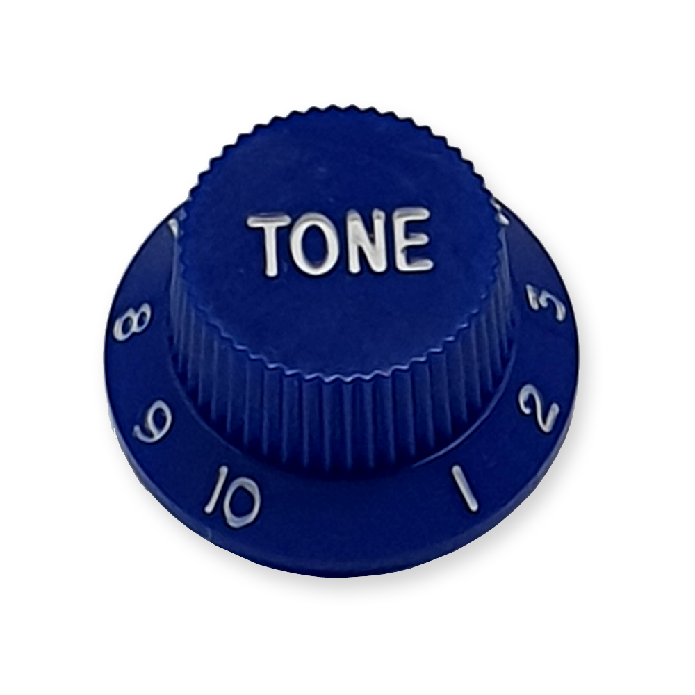 Stratocaster bell knop, tone, blauw met witte tekst
