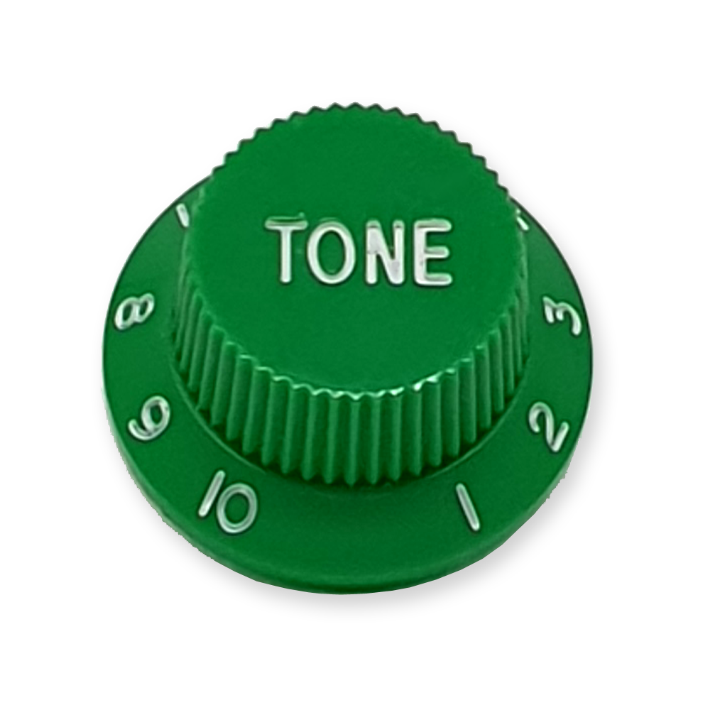 Stratocaster bell knop, tone, groen met witte tekst