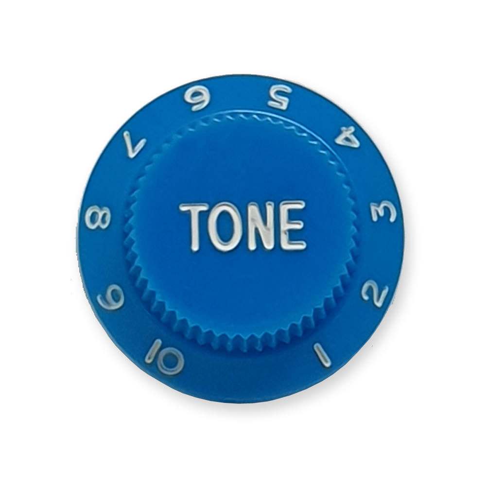 Stratocaster bell knop, tone, lichtblauw met witte tekst