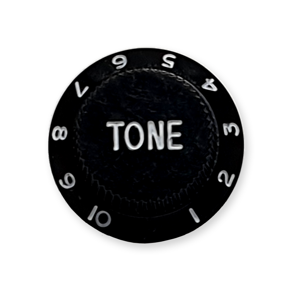 Stratocaster bell knop, tone, zwart met witte tekst