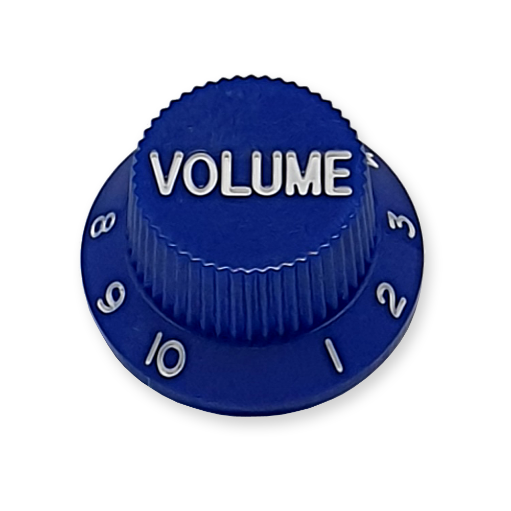 Stratocaster bell knop, volume, blauw met witte tekst