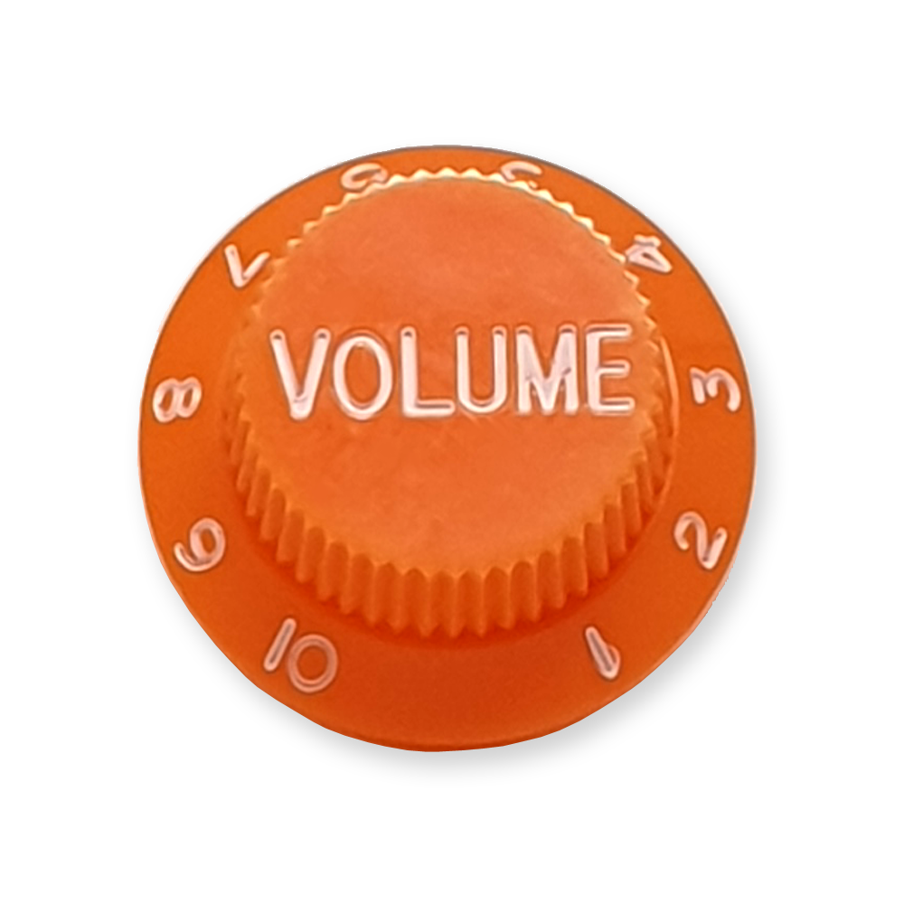 Stratocaster bell knop, volume, oranje met witte tekst