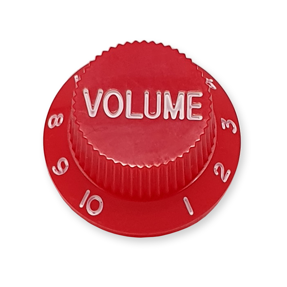 Stratocaster bell knop, volume, rood met witte tekst